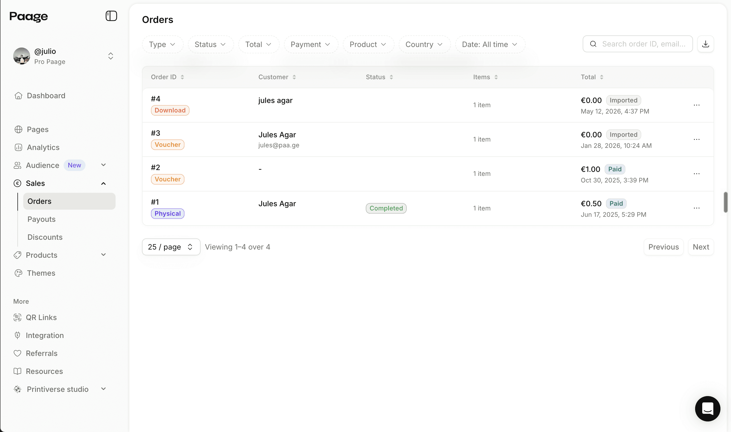 Paage sales dashboard showing recent orders with fulfillment and shipping status