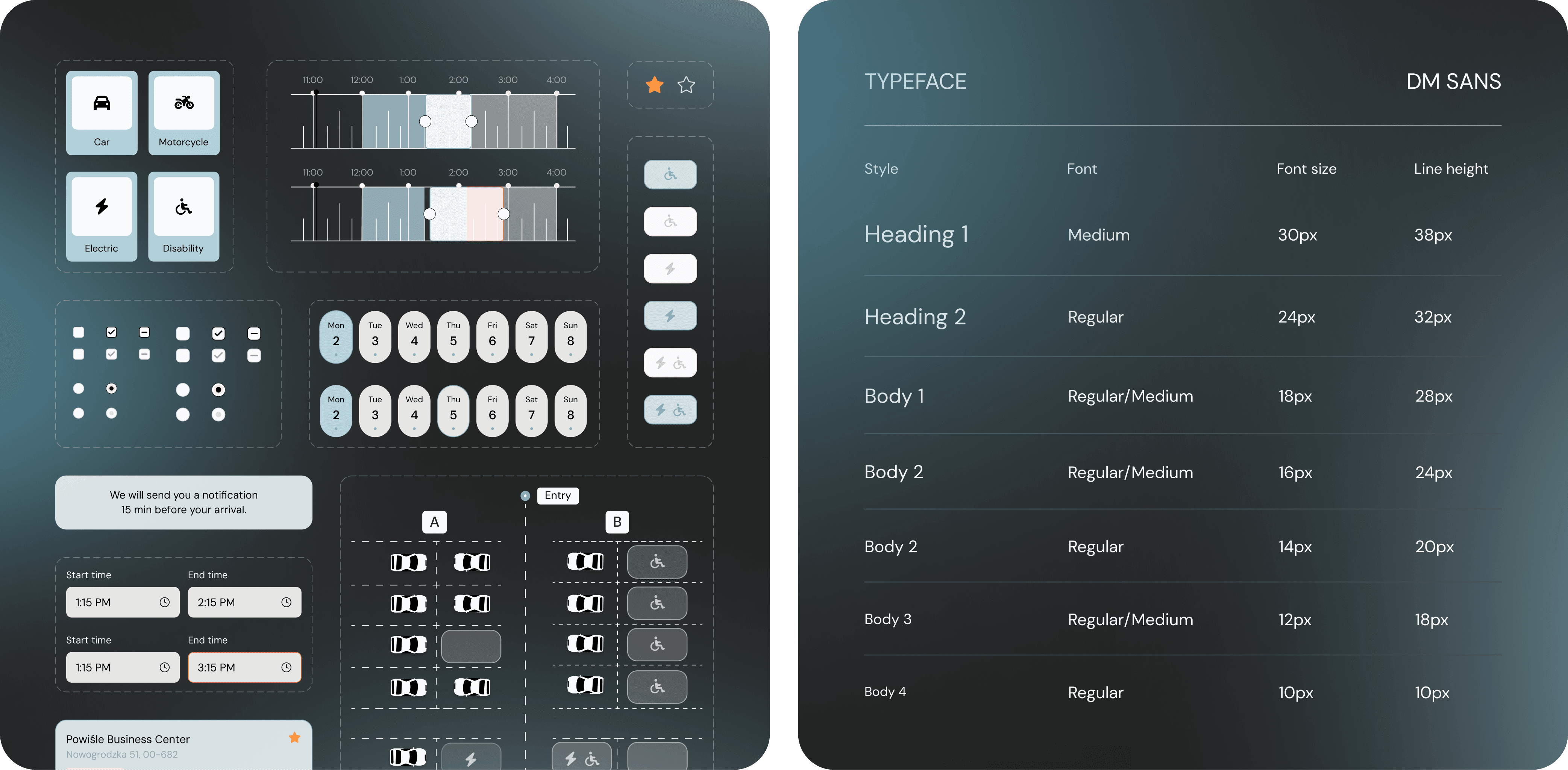An interface design mockup of a parking app displaying various elements and options. At the top left, there are icons for selecting the type of vehicle: car, motorcycle, electric, and disability. To the right, there are timeline sliders for setting time slots, and below them are date selectors for choosing the days of the week. Various toggle buttons and radio buttons for different settings are shown. The bottom section includes a notification message, start and end time selectors, and a map layout with parking spots and icons indicating special spots like disability and electric charging. The app also indicates the location as Powisle Business Center. /