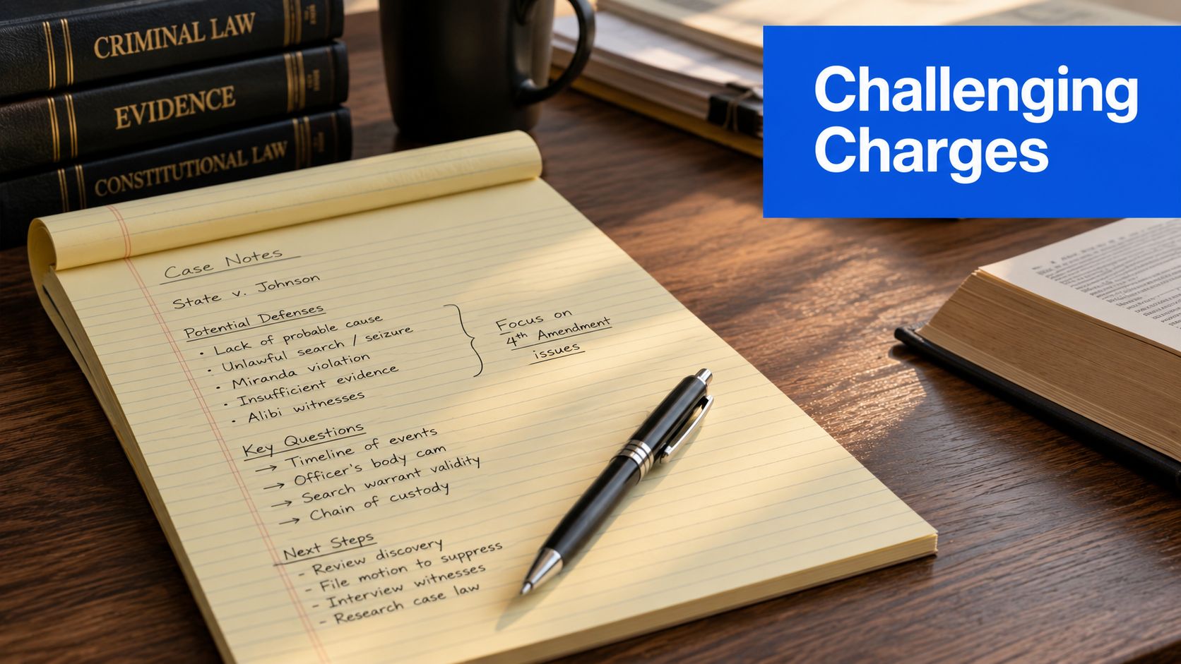 A legal notepad showing case notes for State v. Johnson, focusing on potential defense strategies and legal steps.
