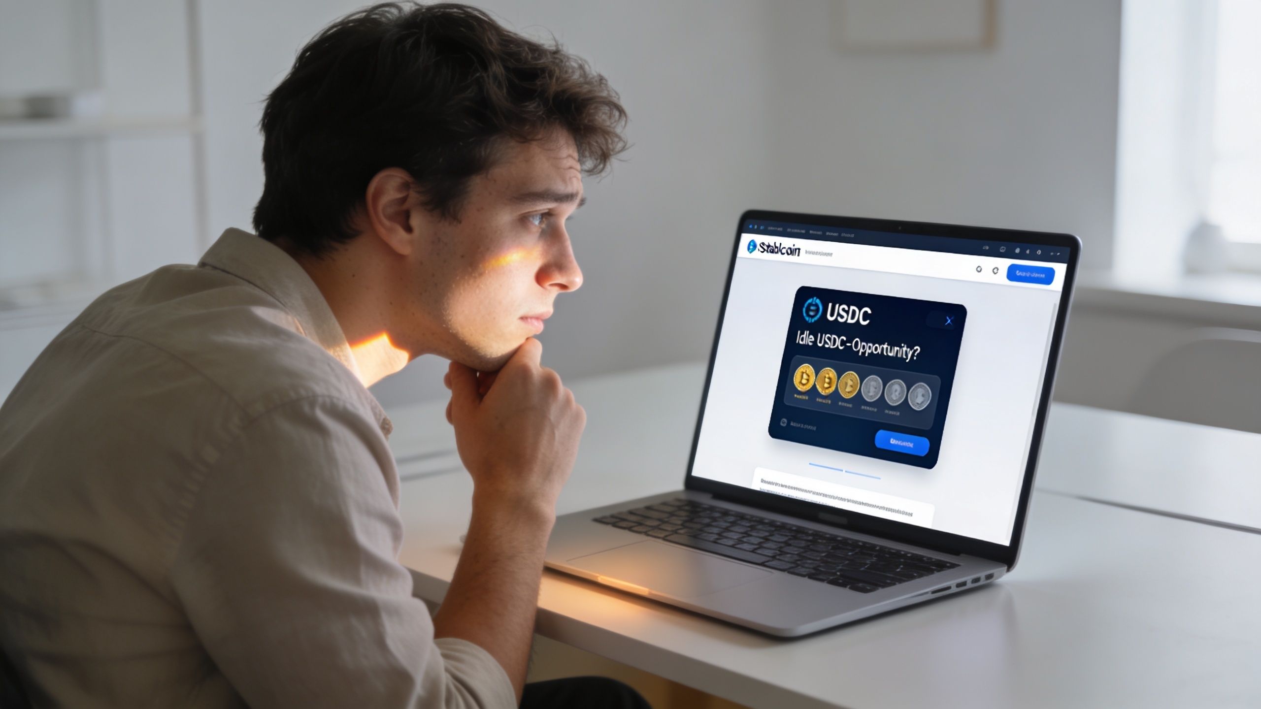 A young man sitting at a desk thoughtfully looking at a laptop screen displaying cryptocurrency investment information.