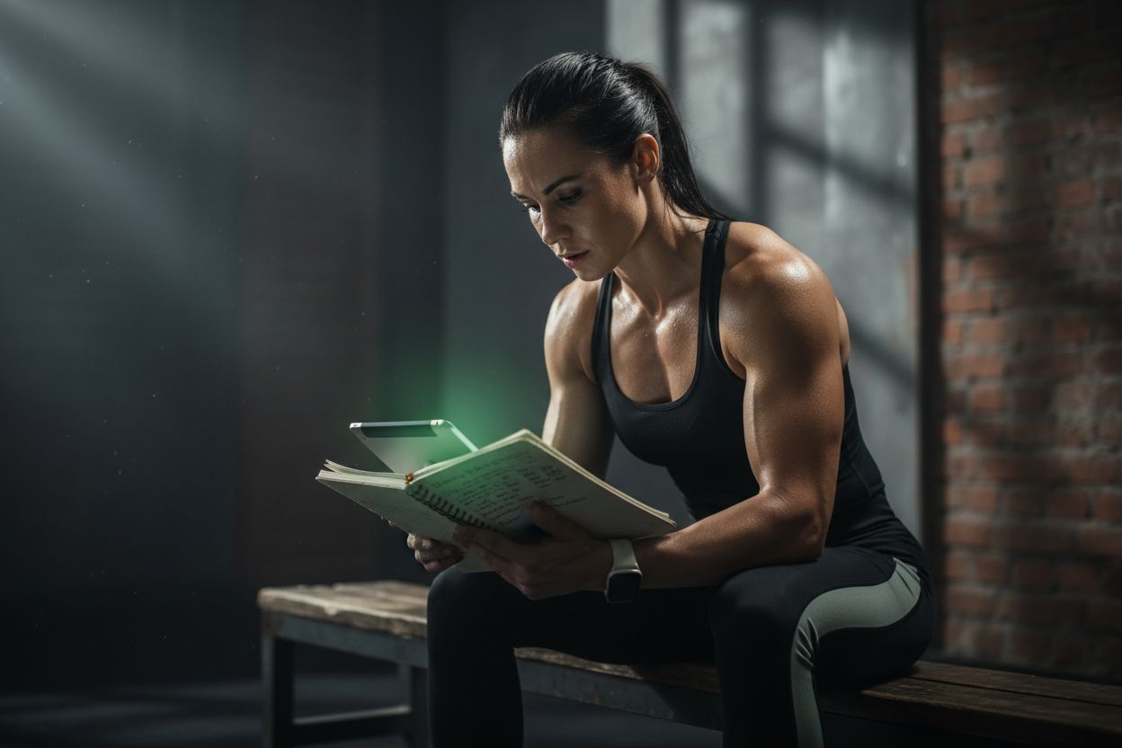 A woman reviewing her workout log after training