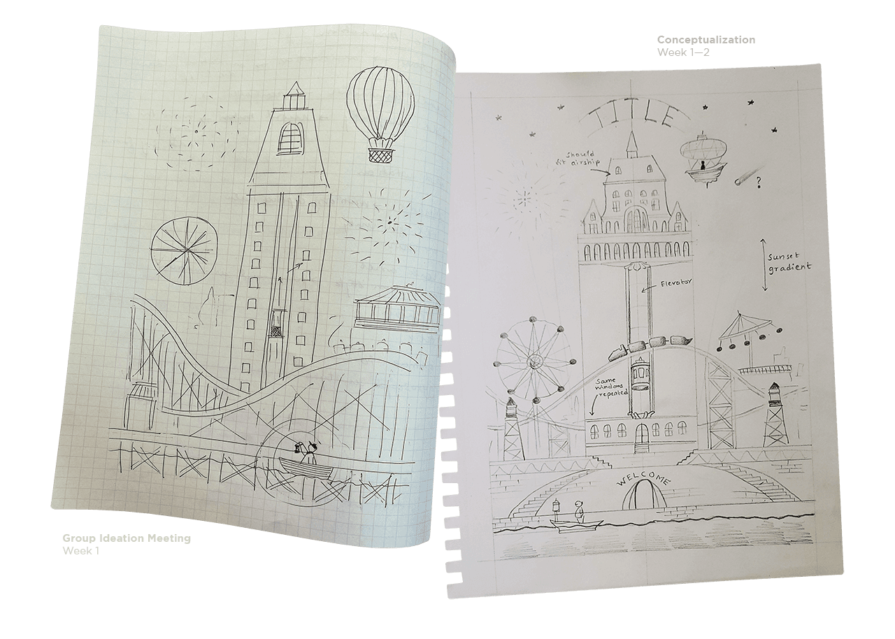 Initial concept sketches for Journey to Wonderland