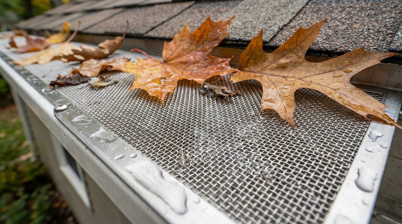 Micro-mesh gutter guard close-up showing fine screen blocking leaves while allowing water flow