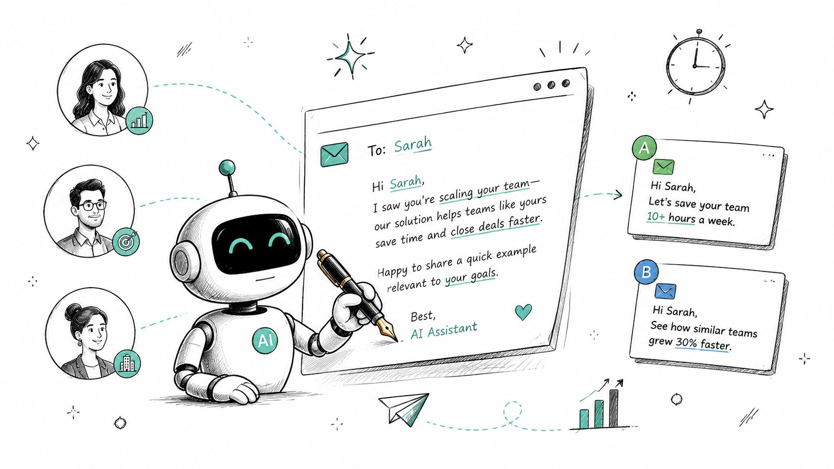 A friendly AI robot writing personalized sales emails for a professional team to improve business outreach efforts.