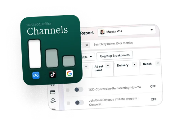 Betaalde acquisitiekanalen met Meta, TikTok en Google iconen naast rapportdashboard voor conversie- en bereikmetreken