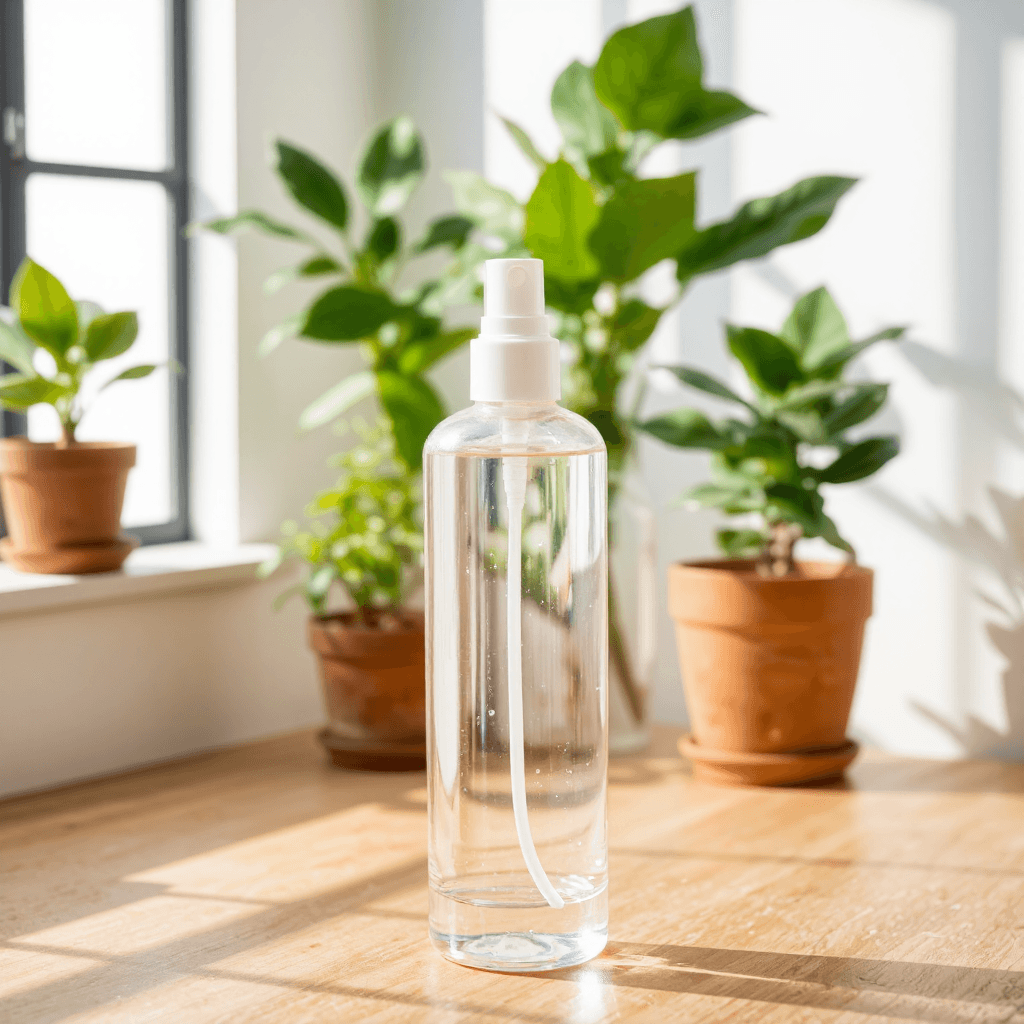 product photography of a clear spray bottle for liquids