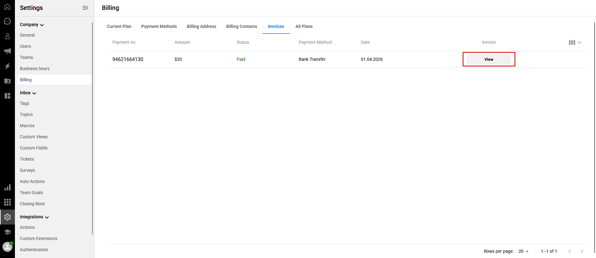 A screenshot of the Invoices list in Qpien, showing a specific transaction row with the view option highlighted