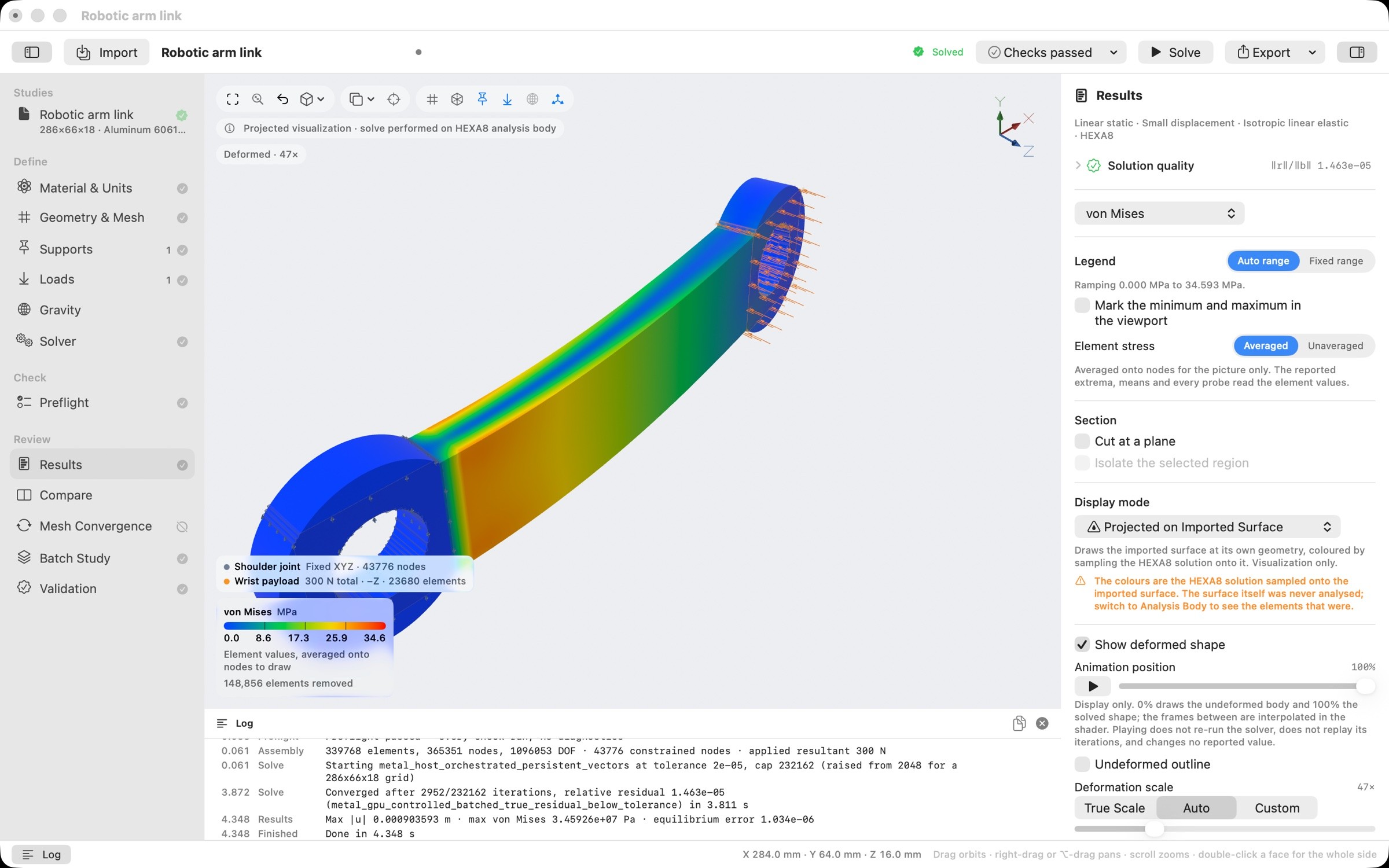 Robotic arm link stress in Lattiform FEA Preview