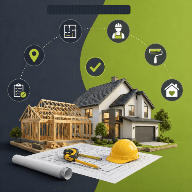 Modern house construction process with blueprint tools and contractor workflow icons