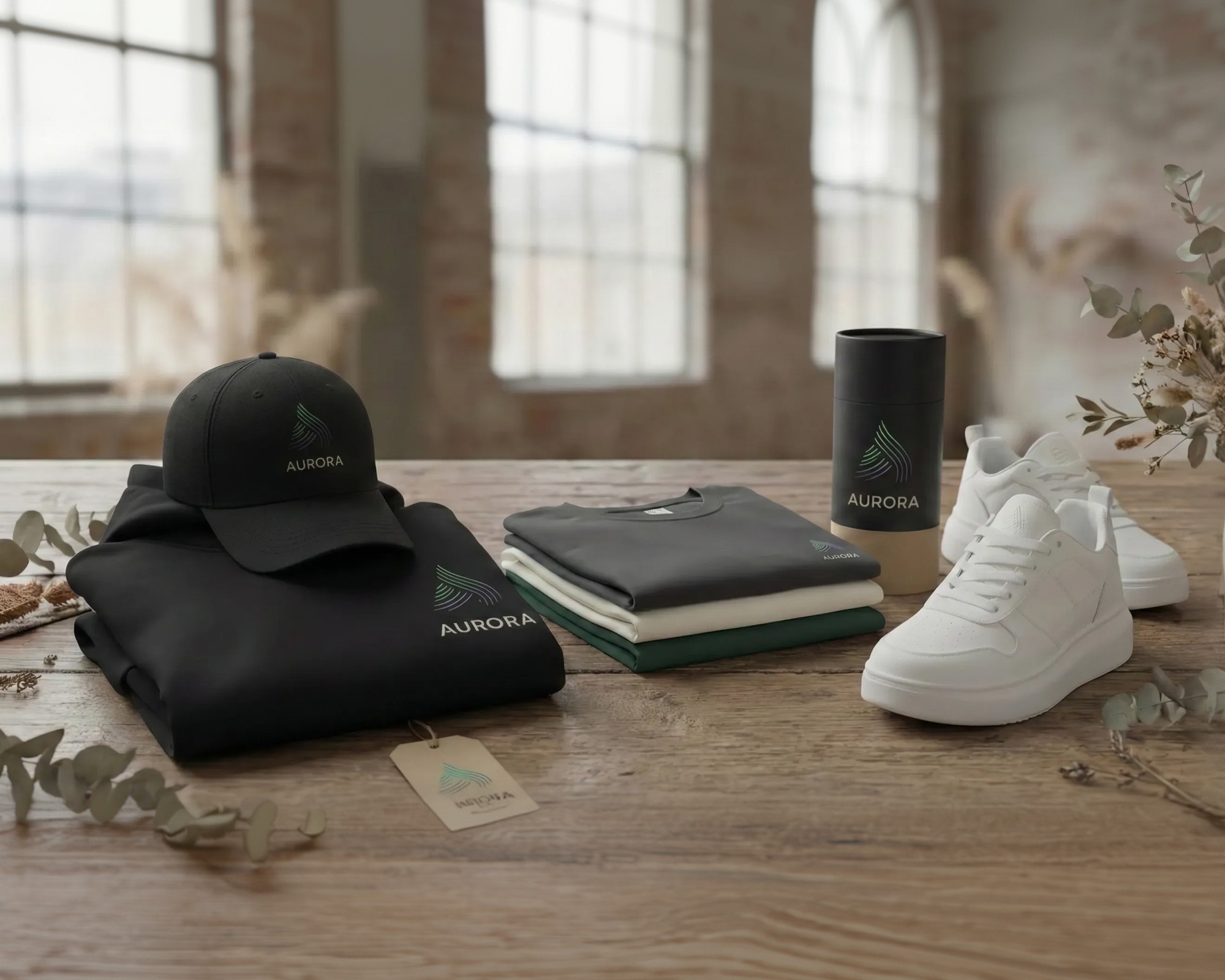 A minimalist flatlay of the Aurora Collection featuring a black cap, black hoodie, folded t-shirts, white sneakers, and a branded mailing tube on a wooden table.