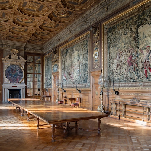 华丽的房间设有一张长长的木桌，墙上有精美的挂毯，天花板精致，并配备壁炉。