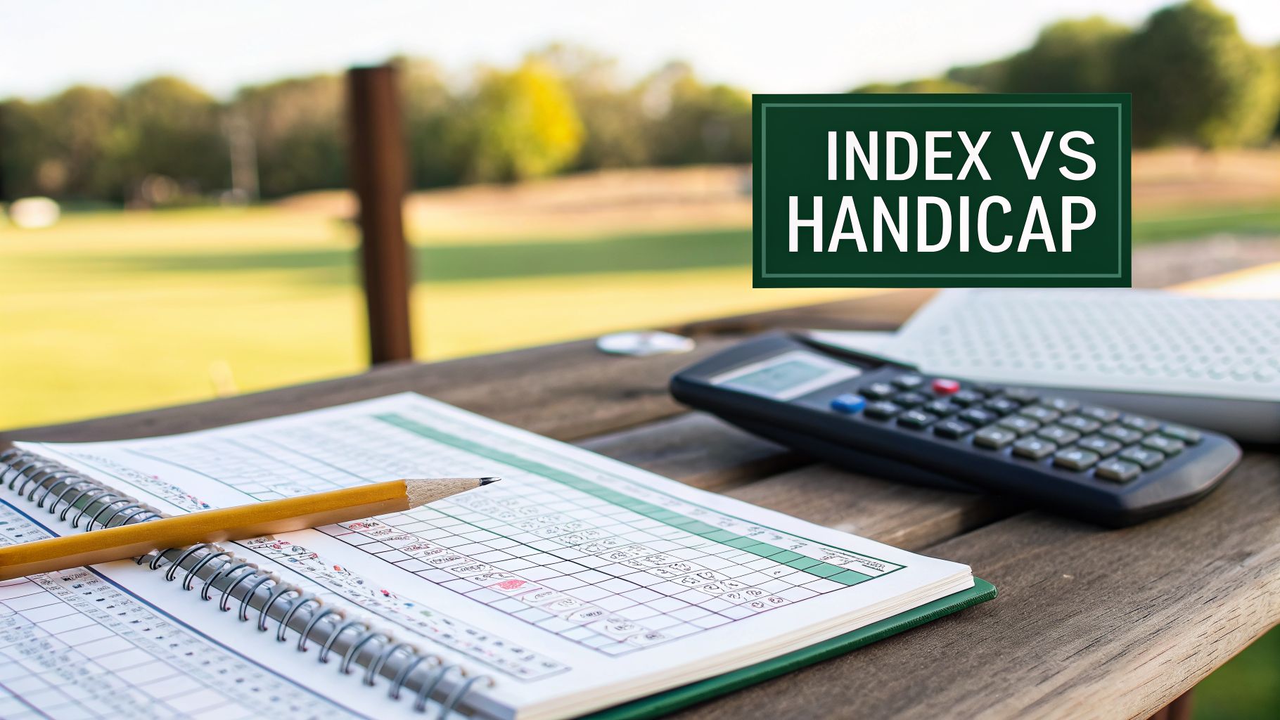 A golf scorecard, pencil, and calculator on a wooden table with 'INDEX VS HANDICAP' text.