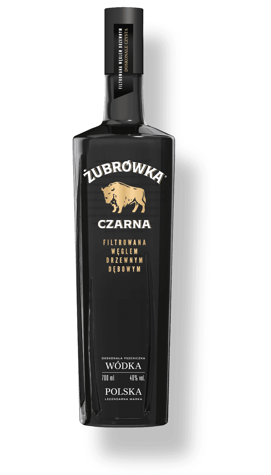 Czarna butelka Żubrówki Czarnej ze złotym żubrem na etykiecie.