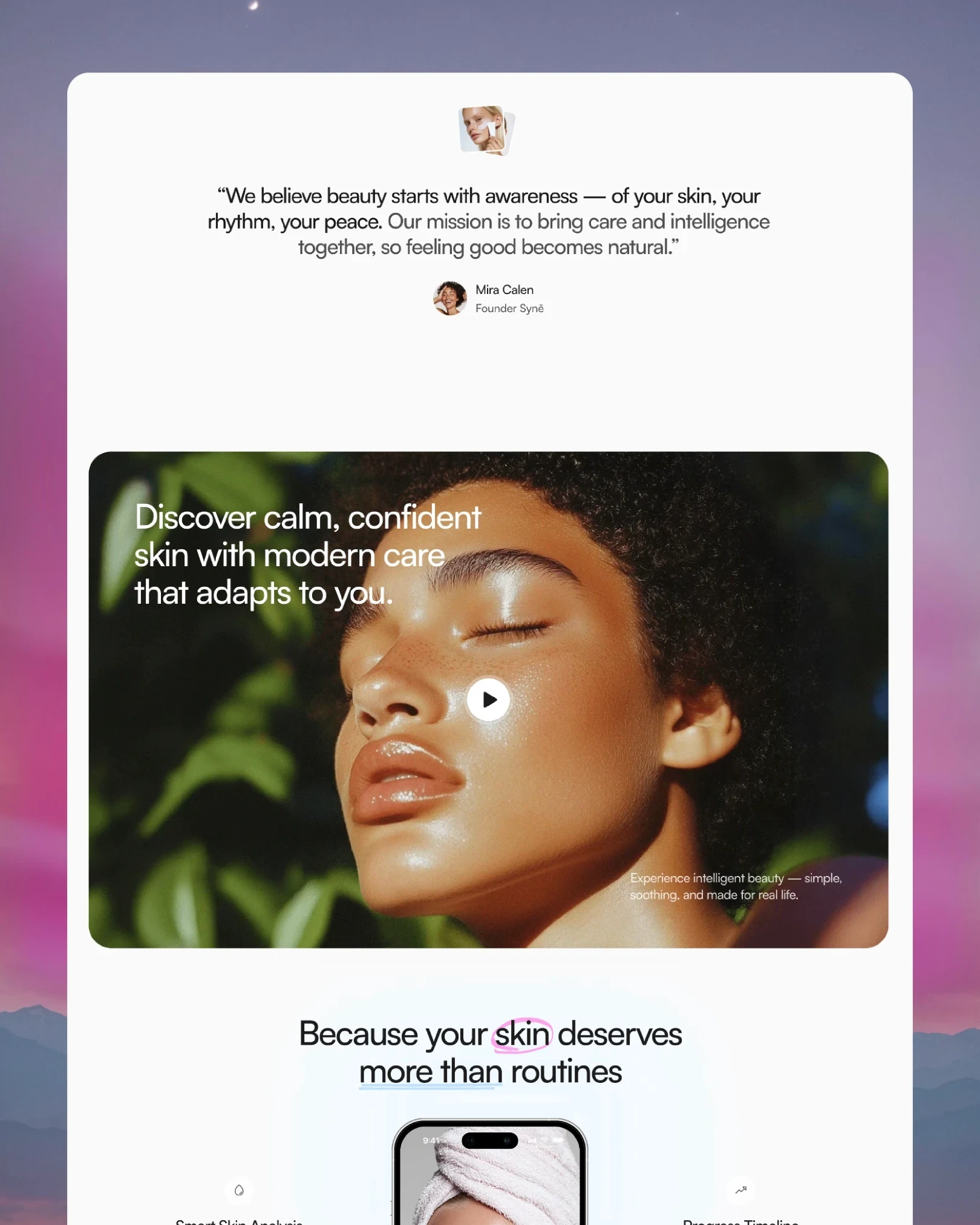 SYNÉ about section with founder mission quote and skincare video — web design by Luna UI design studio