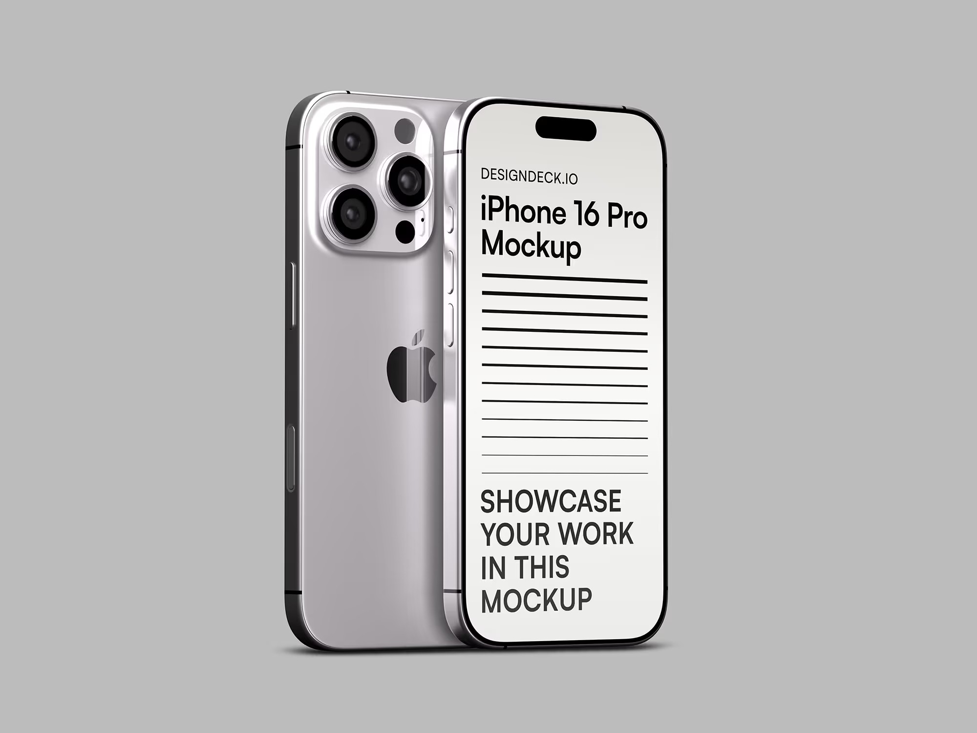 A sleek white iPhone 16 Pro displayed against a light gradient background. The front screen features a customizable mockup interface, while the back showcases the triple-camera design and glossy finish.