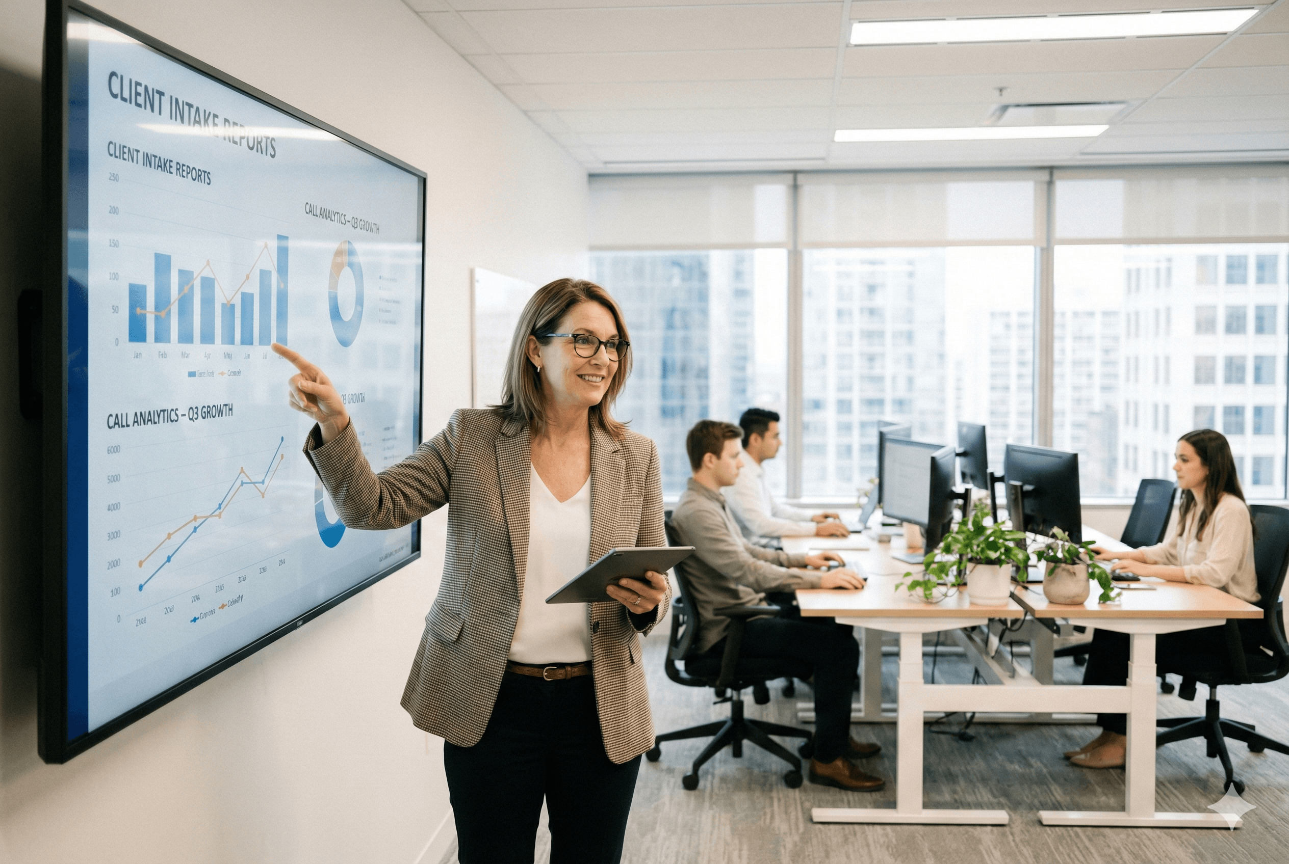 A professional woman in her 40s, a home care agency owner, reviewing client intake reports and call analytics on a large wall-mounted screen in a modern, sunlit office while her team works at desks in the background.