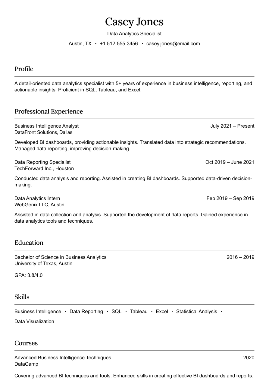 Data analytics specialist resume example