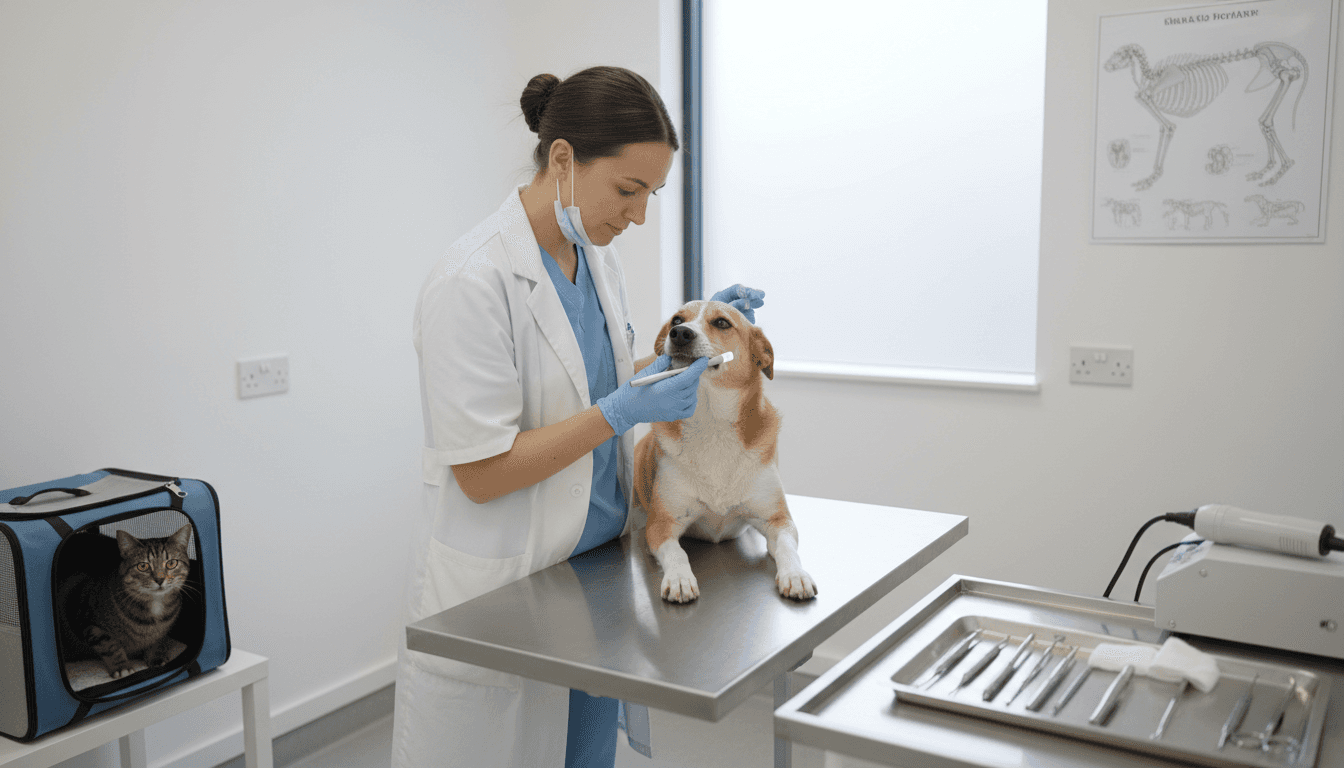 A vet gently examining a dog’s teeth with a dental mirror under bright clinical lighting