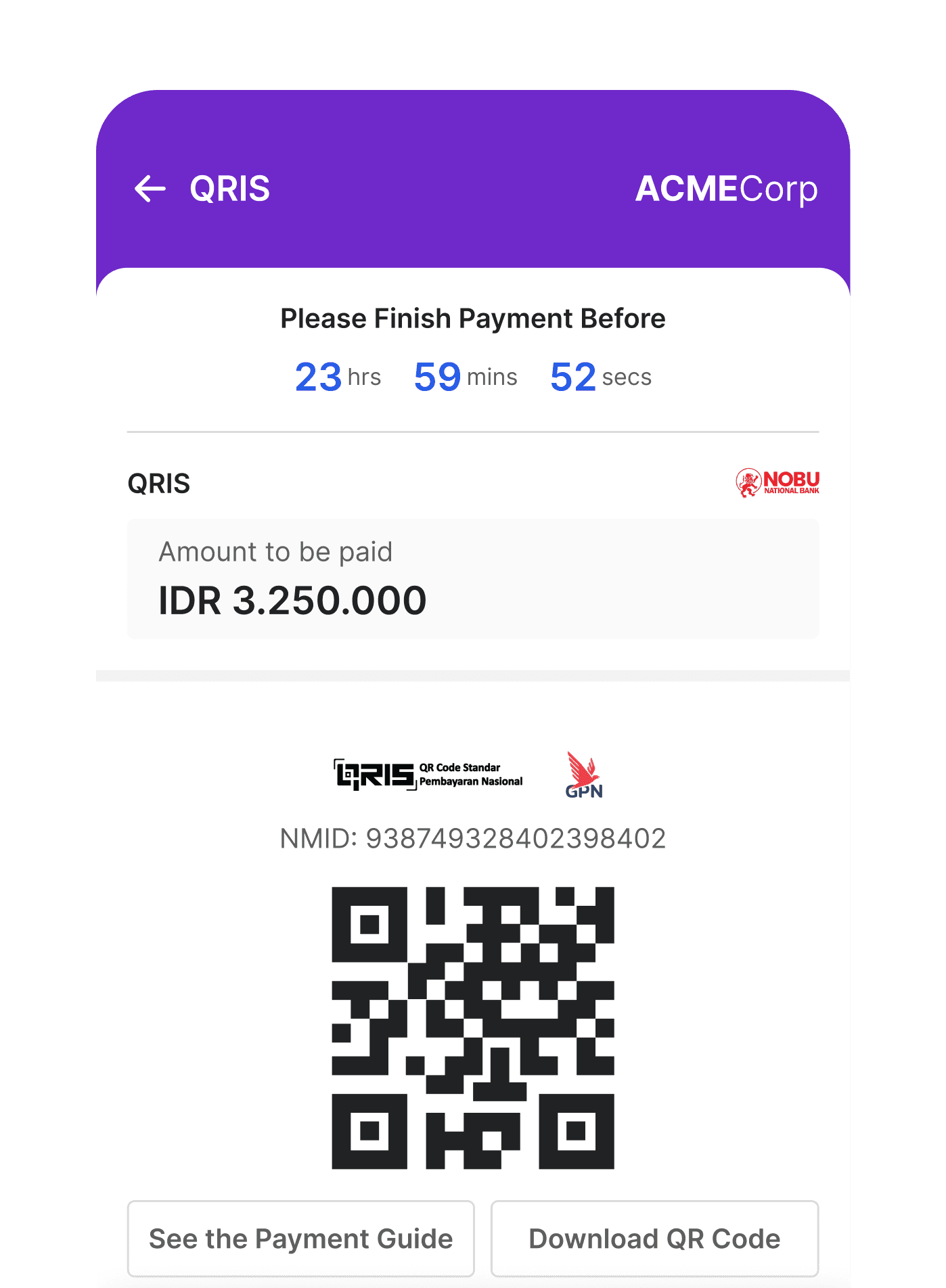 Durianpay checkout page showing QR code for customers to pay using QRIS