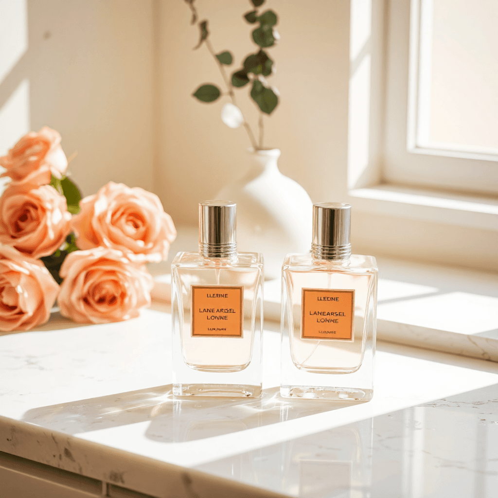 product photography of a set of two perfume bottles, designed for personal fragrance use, featuring floral scents