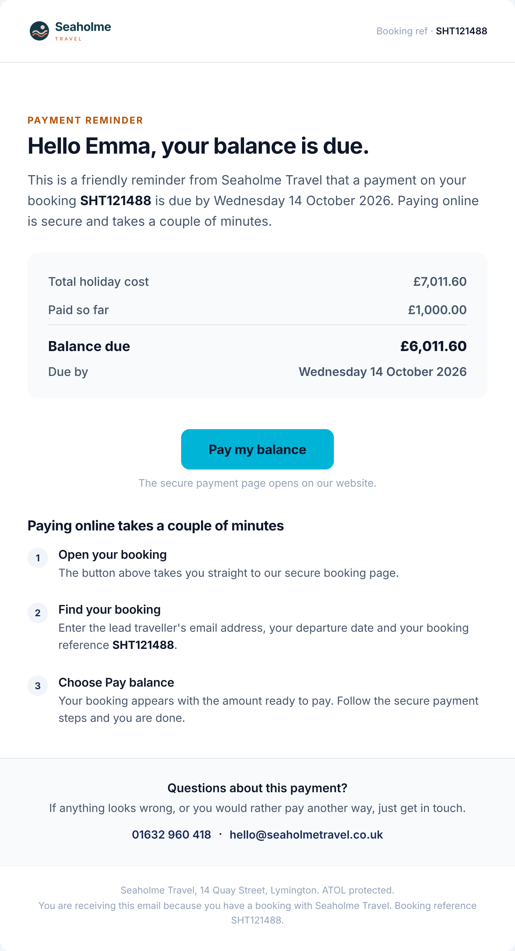 Final balance reminder email with a pay button