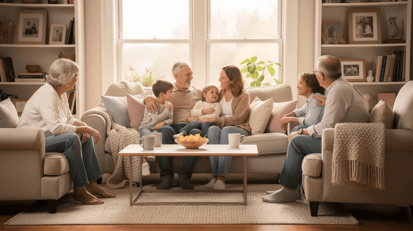 A multigenerational family, including grandparents, parents, and children, is gathered in a cozy living room engaged in a lively conversation. The scene reflects the importance of family support and discussions about personal finances, including considerations for long term care insurance and the financial security it can provide for loved ones in the future.