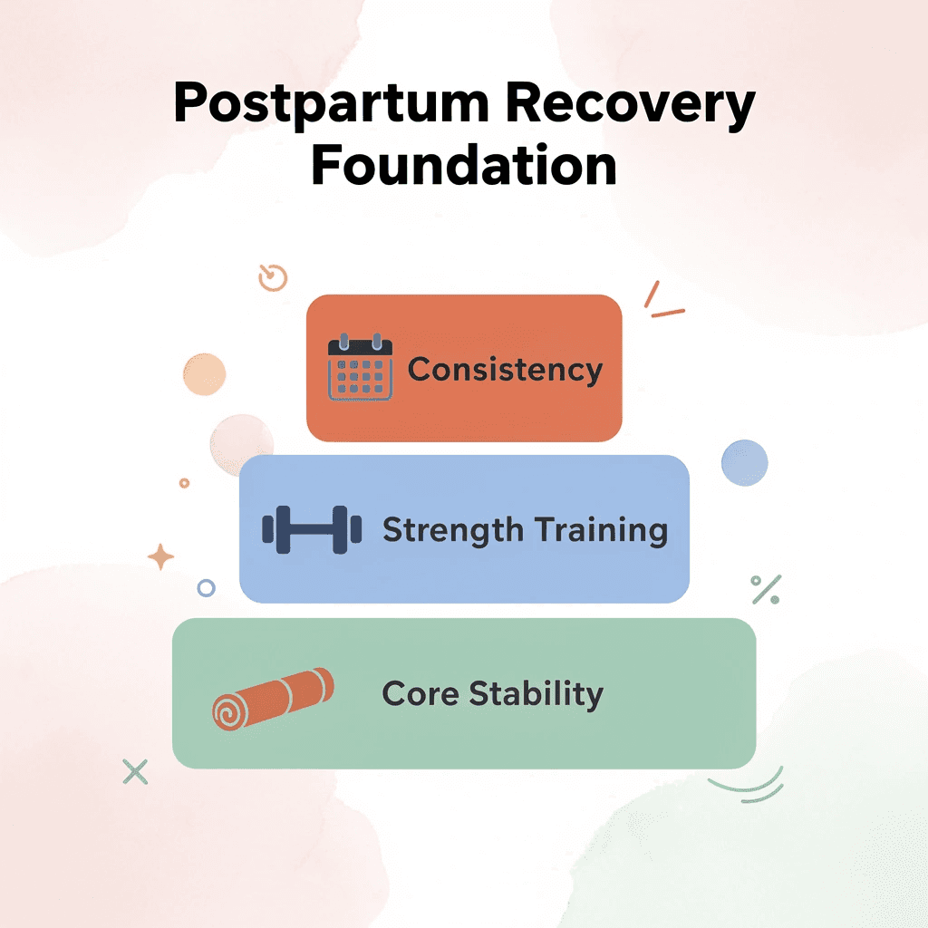 Pyramid infographic showing core stability, strength training, and consistency as postpartum recovery layers