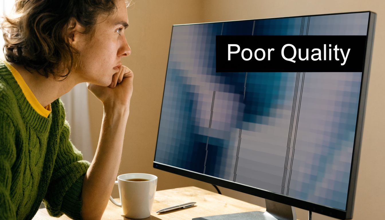 A person looking at a computer monitor displaying pixelated video content labeled as poor quality.