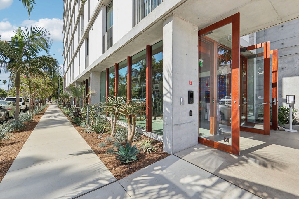 Modern concrete building entrance of Kaya with large glass doors, surrounded by lush palm trees and succulents along a clean, sunlit sidewalk.