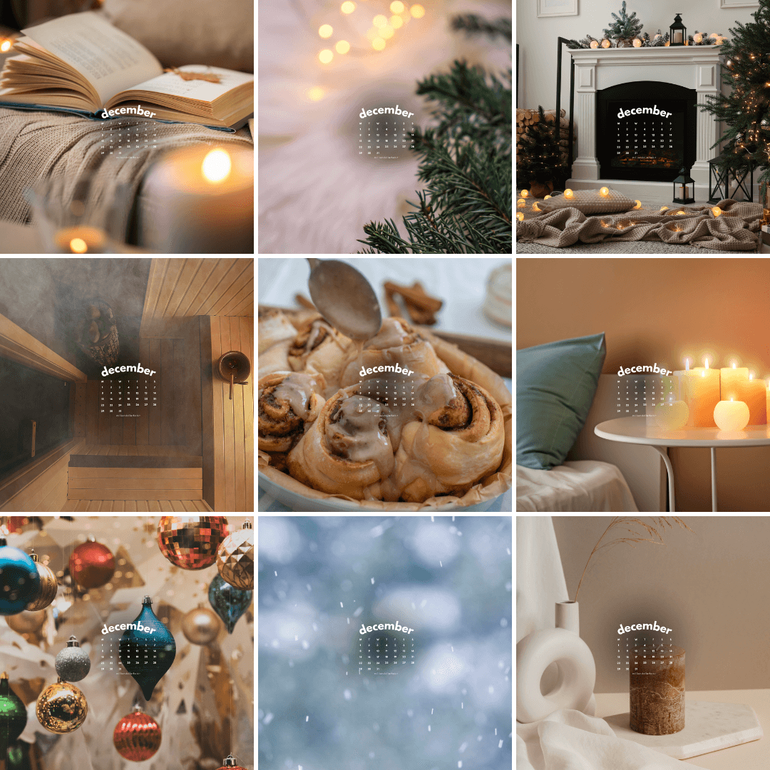 December 2025 wallpapers on laptop and phone, minimal calendar layout