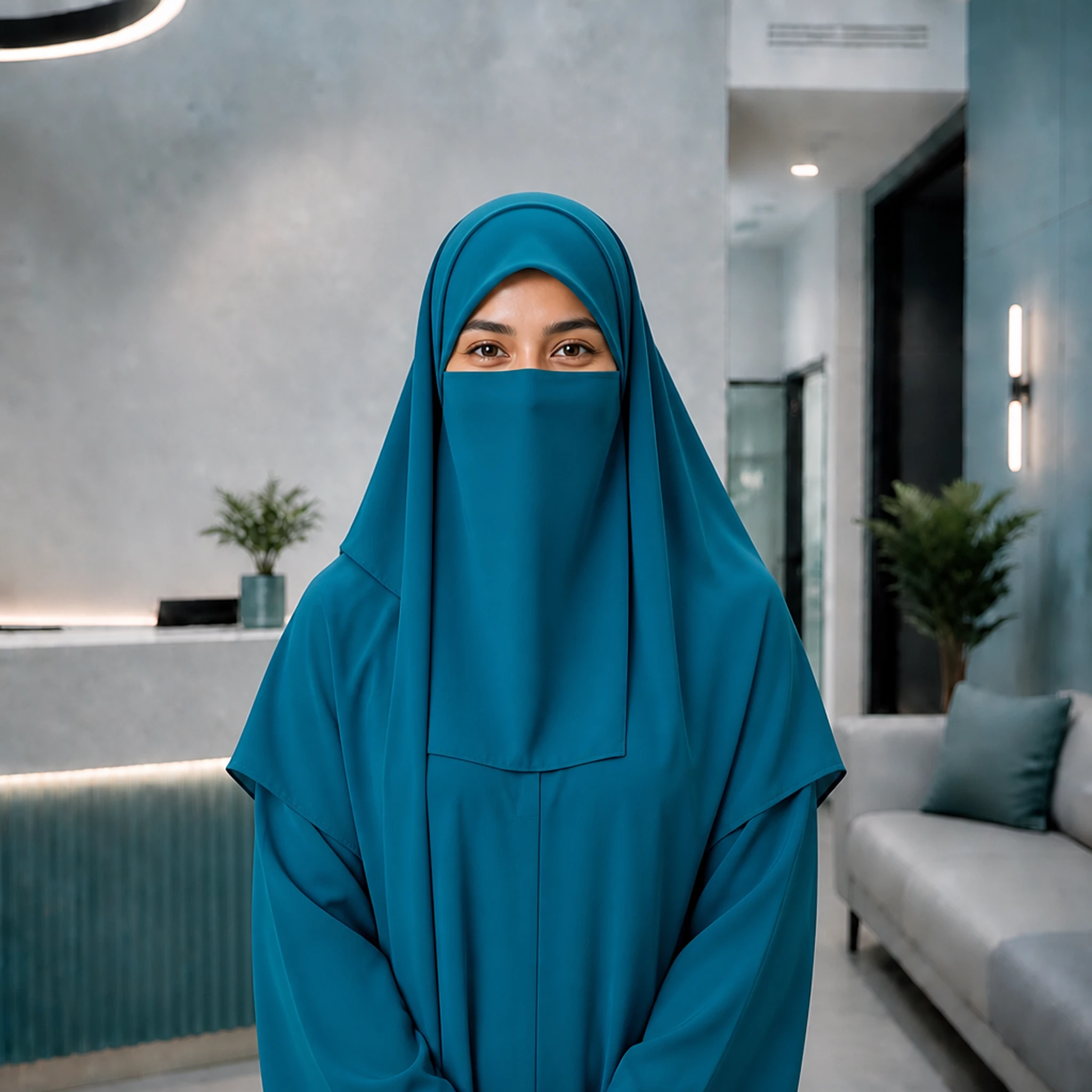 Healthcare practitioner in teal medical scrubs standing in a clinic setting.