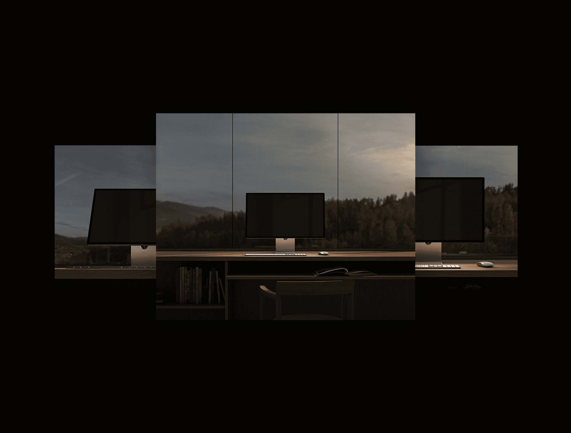 Willow dusk desktop SaaS UI mockup in low-light workspace setting