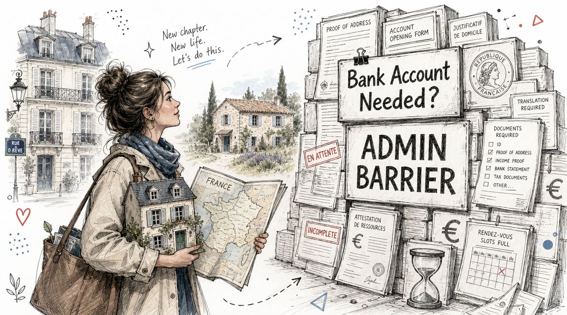 An illustration of a woman looking at a pile of bureaucratic documents representing bank account requirements in France.