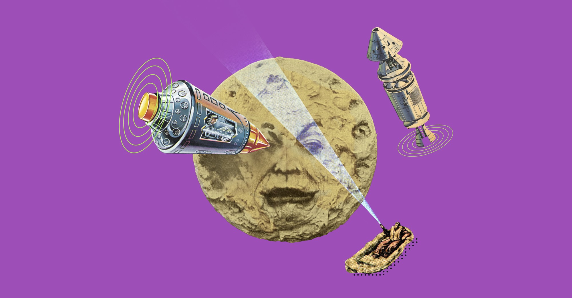 Nave espacial hacia la Luna con rostro humano sobre fondo morado.