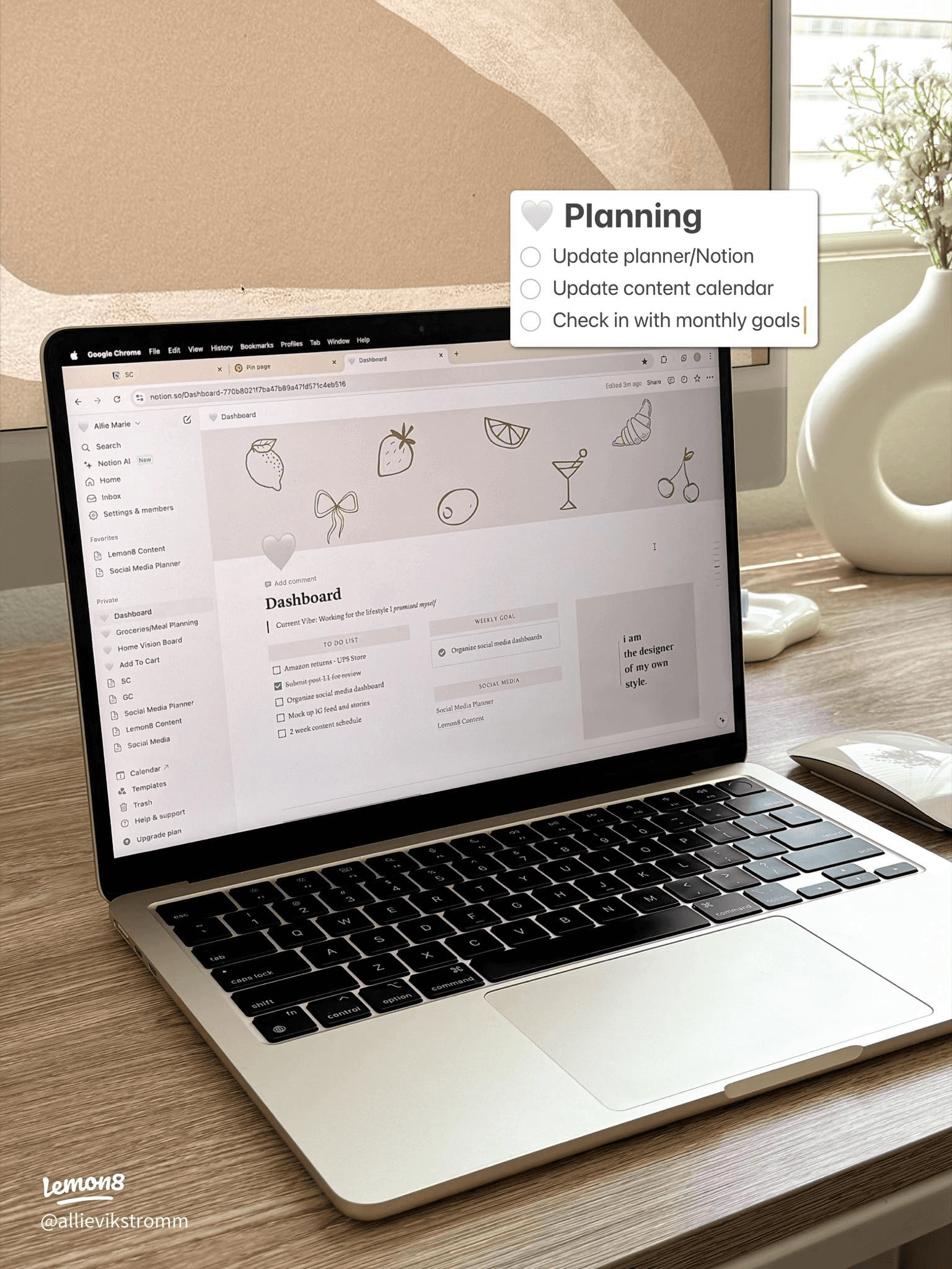 Laptop screen showing a Notion-style planning dashboard with a task checklist widget for daily workflow tracking