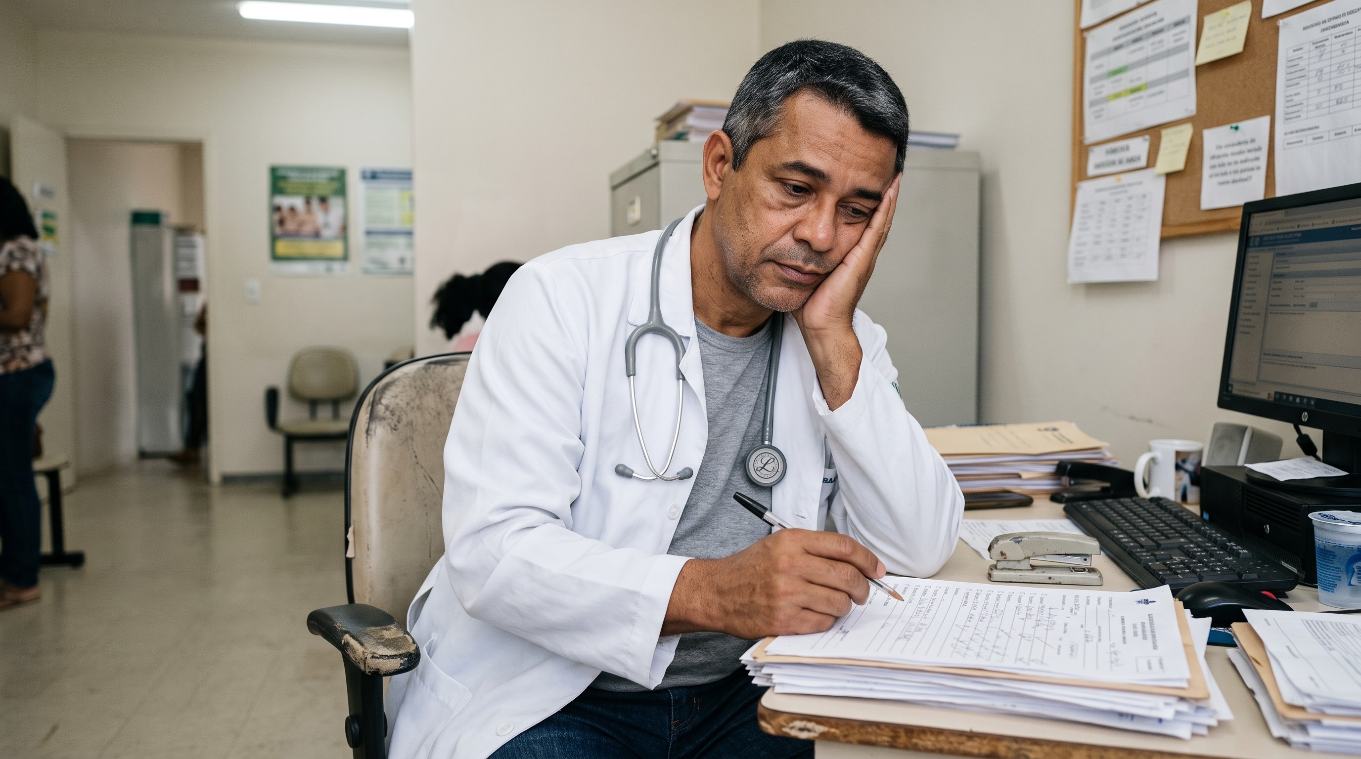 Médico exausto preenchendo prontuários manualmente em consultório sobrecarregado de papelada