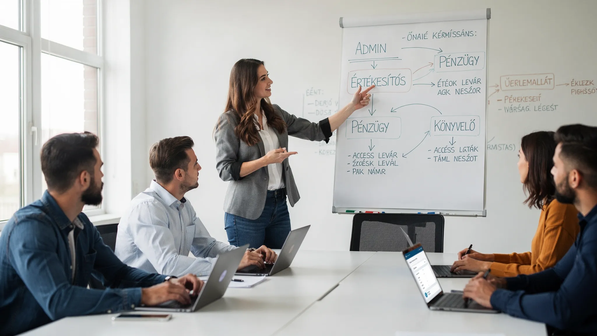 Egy kisvállalkozás csapata egy tárgyalóban szerepköröket egyeztet egy online CRM rendszerhez, a táblán „Admin”, „Értékesítés”, „Pénzügy”, „Könyvelő” feliratok és hozzáférési szintek láthatók.