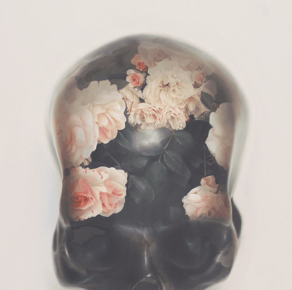 black skull painting overlayed with flowers and roses