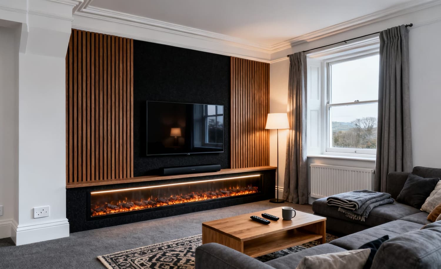 A media wall with a recessed television in a living room