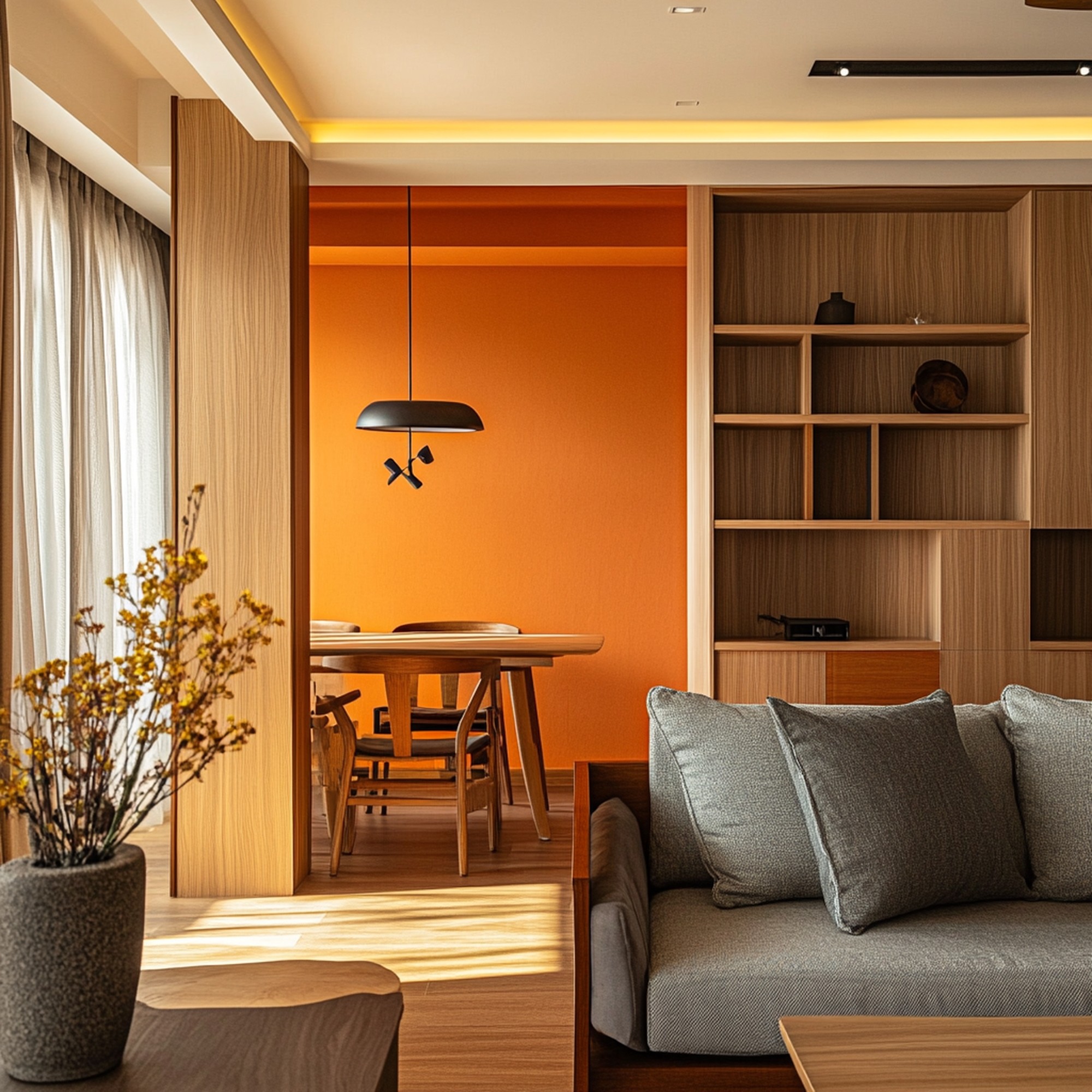 Modern orange lounge chair beside white coffee table.