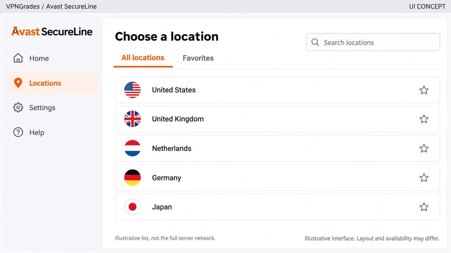 Avast SecureLine: a location picker concept (illustration).
