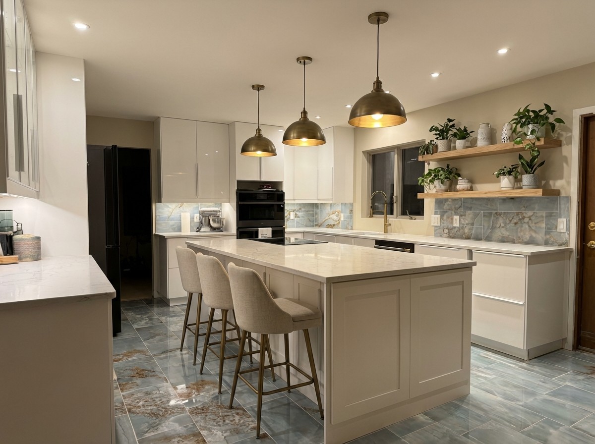 Same kitchen with warm ceiling, brass pendants, greige walls, and linen bar stools