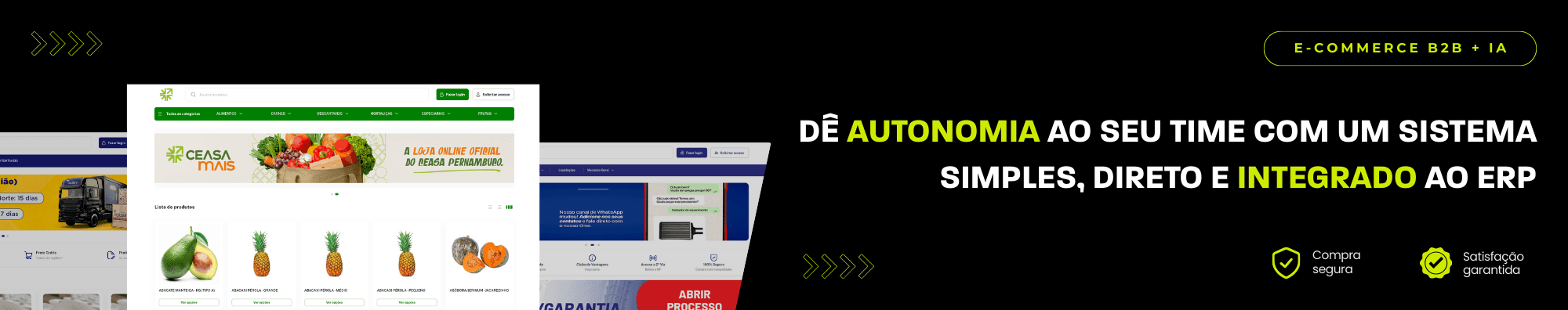 Banner horizontal com fundo escuro, ícones de segurança e satisfação, e imagens de lojas B2B exibidas à esquerda. Elementos gráficos em verde destacam o tema de e-commerce B2B com IA.