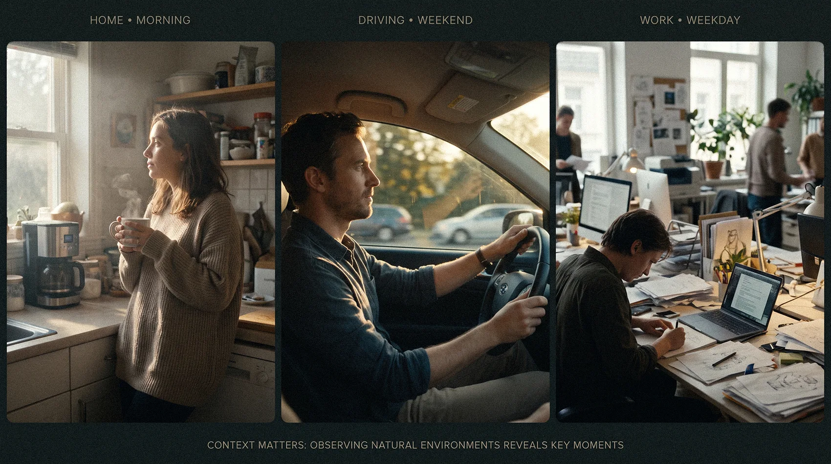 Triptych woman morning coffee home, man driving weekend, man working weekday office - context matters natural environments