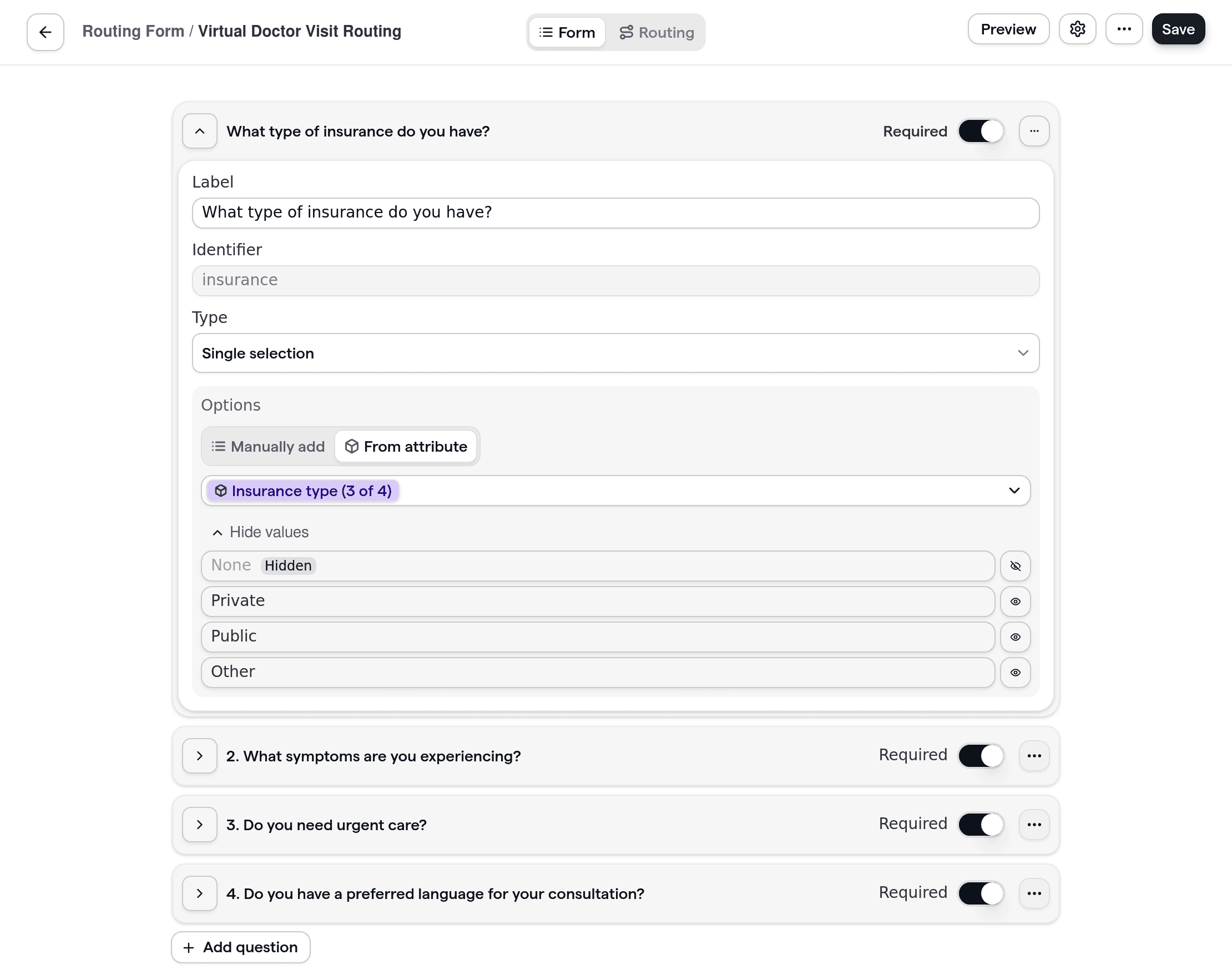 Cal.com routing form showcasing the creation of a customizable intake form for virtual doctor visits. The form displays questions relevant to patient symptoms, urgency, and insurance.