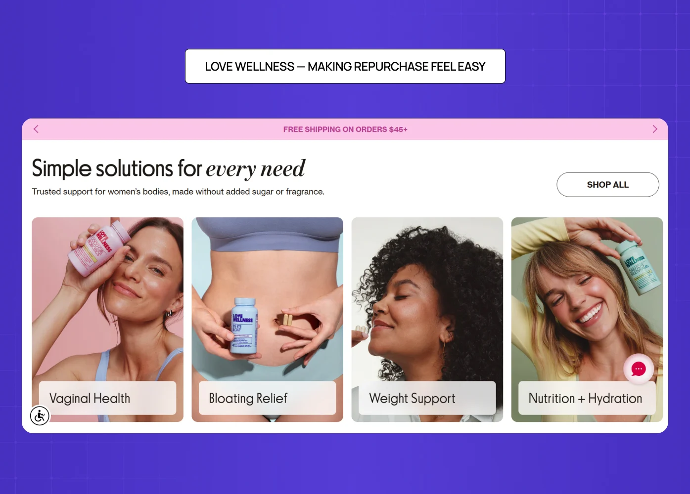 Love Wellness homepage displaying product categories like vaginal health, bloating relief, and nutrition with lifestyle imagery. 