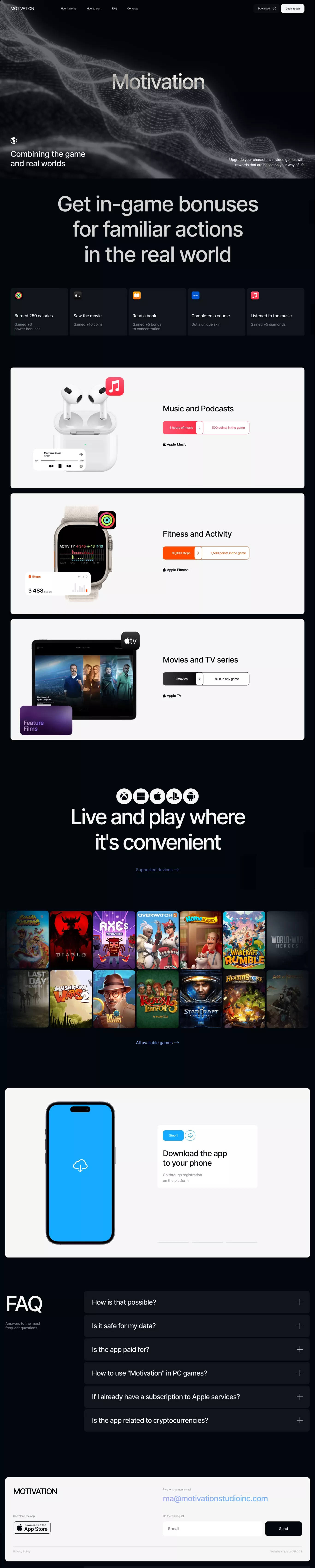 Motivation – Combining the game and real landing page screenshot showcasing Tech and Gaming design