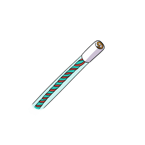 An illustration of the fetal scalp electrode - it is a cable with a protective covering wrap around it. At the end is a white tip with a small yellow spiral clip.