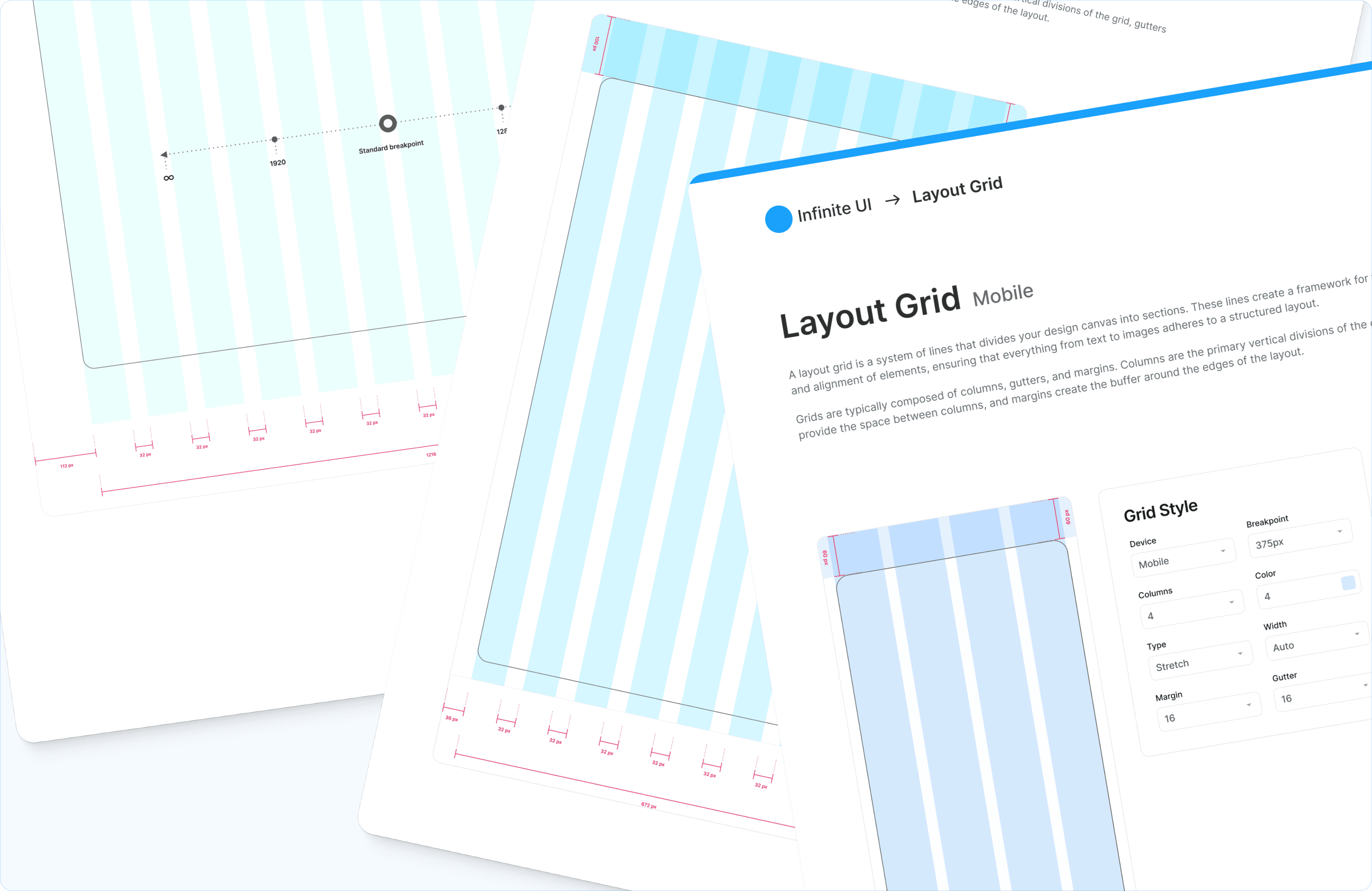 A visual breakdown of a mobile layout grid system, showing overlapping wireframe screens with vertical 4-column light-blue columns, red measurement redlines for margins and gutters, and a "Grid Style" properties panel