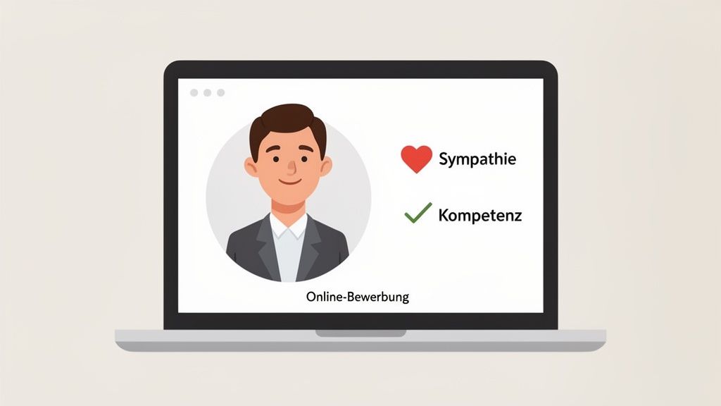 Laptop zeigt eine Online-Bewerbung mit einem Mann, Herz für Sympathie und Haken für Kompetenz.